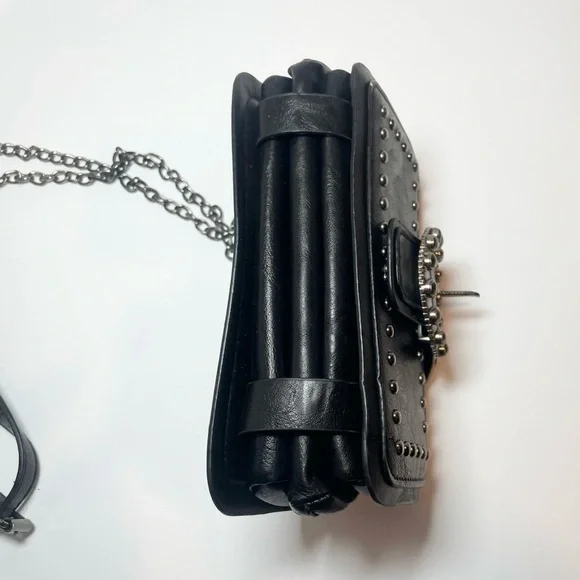 Black Studded Festival Crossbody Bag - Rhinestone Buckle Wallet Clutch - Picture 3 of 9